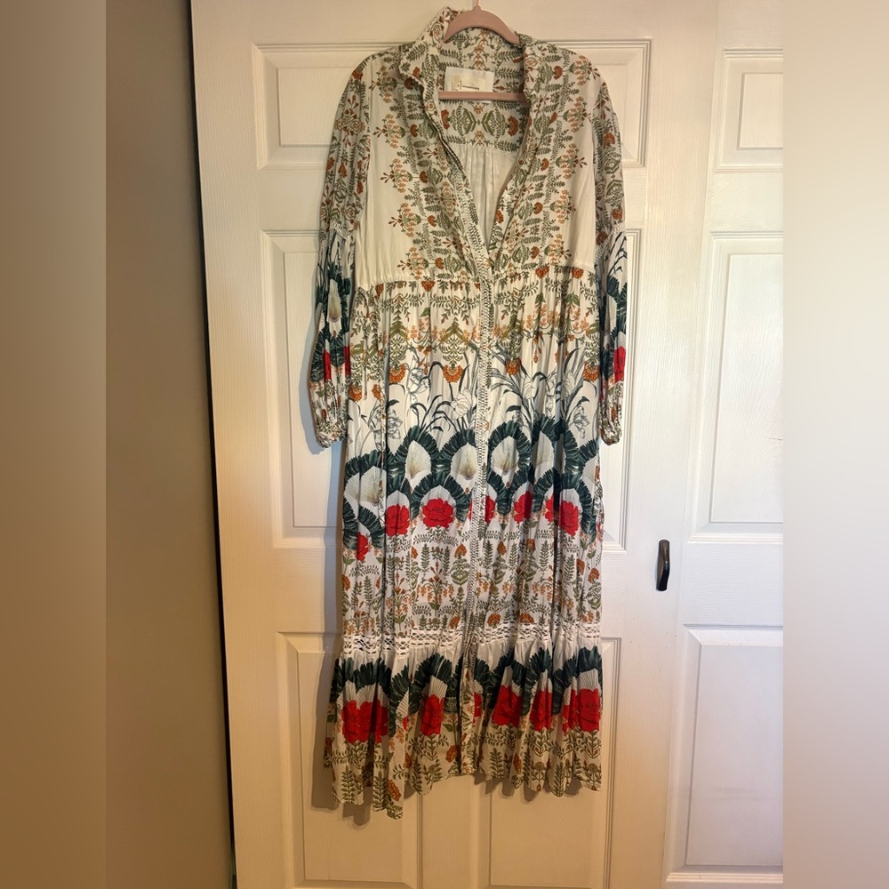 Anthropologie Ivory Maxi Dress with Red & Green Floral Print - Picture 3 of 6